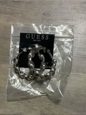 Guess Silver Twisted Textured Hoop Earrings